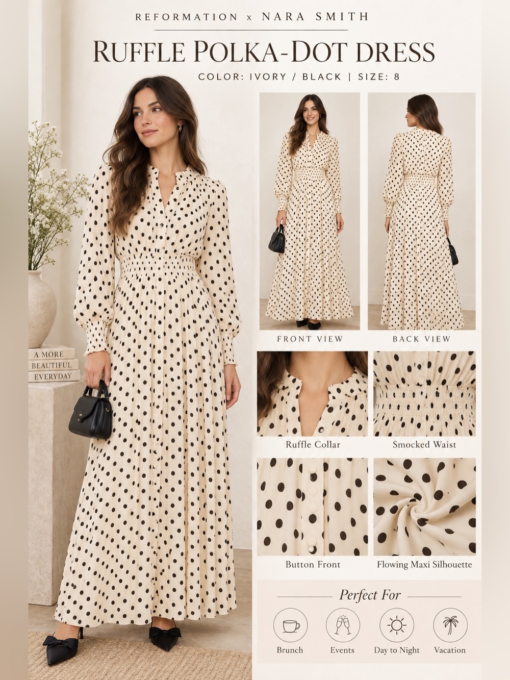 Reformation x Nara Smith Ruffle Polka-Dot Maxi Dress Size 8 NWOT